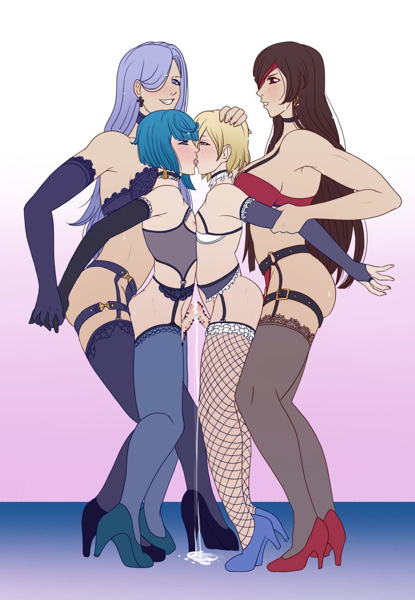 artist_request character_request crossdressing female_supporting_crossdressing female_supporting_yaoi femboy foursome genshin_impact hand_on_head strap-on tagme