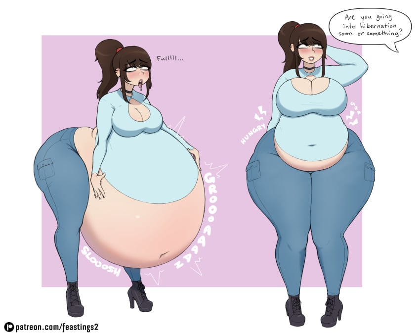 1girls belly belly_button belly_expansion belt blush brown_hair choker embarrassed feastings2_(artist) huge_belly hyper_belly ponytail ponytail_(feastings2) stomach_bulge stomach_noises tagme tongue tongue_out weight_gain