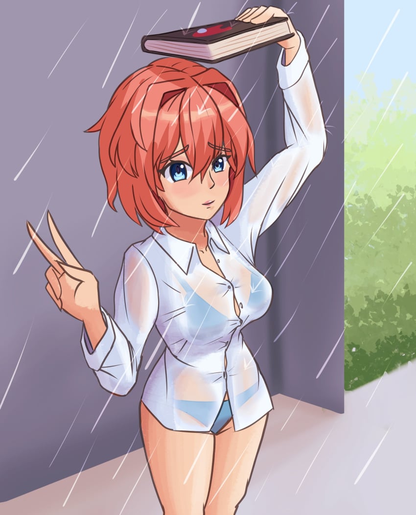 1female 1girls 5_fingers blue_eyes breasts doki_doki_literature_club draw_this_in_your_style draw_this_in_your_style_(sayori_caught_in_rain) dtiys moritaris peace_sign rain raining sayori_(doki_doki_literature_club) shirt strawberry_blonde_hair wet wet_body wet_clothes wet_clothing wet_shirt