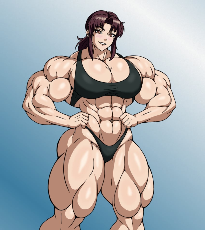 abs bare_shoulders biceps big_muscles black_lagoon brown_eyes brown_hair cleavage female muscular muscular_female muscular_thighs mutantfloof navel pectoral_cleavage pectorals revy smile solo thick_thighs thong