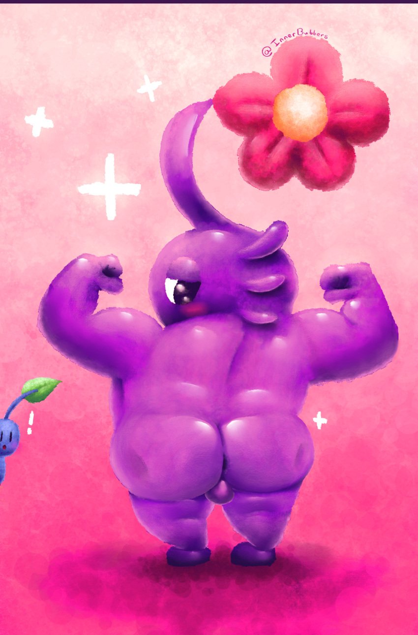 absurd_res alien alien_humanoid ambiguous_gender anthro ass balls being_watched big_butt blue_body blue_pikmin blush digital_media_(artwork) elemental_creature exclamation_point flexing flora_fauna flower genitals hi_res huge_butt humanoid innerbubbers looking_at_another looking_back male male/ambiguous nintendo nude open_mouth overweight overweight_male pikmin pikmin_(species) plant purple_body purple_pikmin rear_view signature simple_background thick_thighs watermark wide_hips