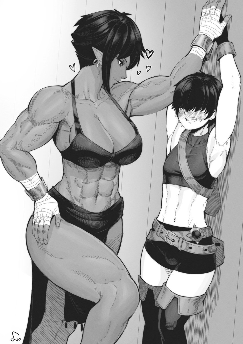 1boy 1girls athletic athletic_female big_breasts big_dom_small_sub bigger_female black_and_white black_hair blush breasts dark_elf dark_skin dark_skinned_female dominant_female dubious_consent earrings elf elf_ears elf_female female femboy femboysub feminine_male grayscale hearts_around_head height_difference larger_female light-skinned_male male muscular_female pinned_to_wall questionable_consent short_hair size_difference smaller_male speedl00ver strong_woman submissive_male