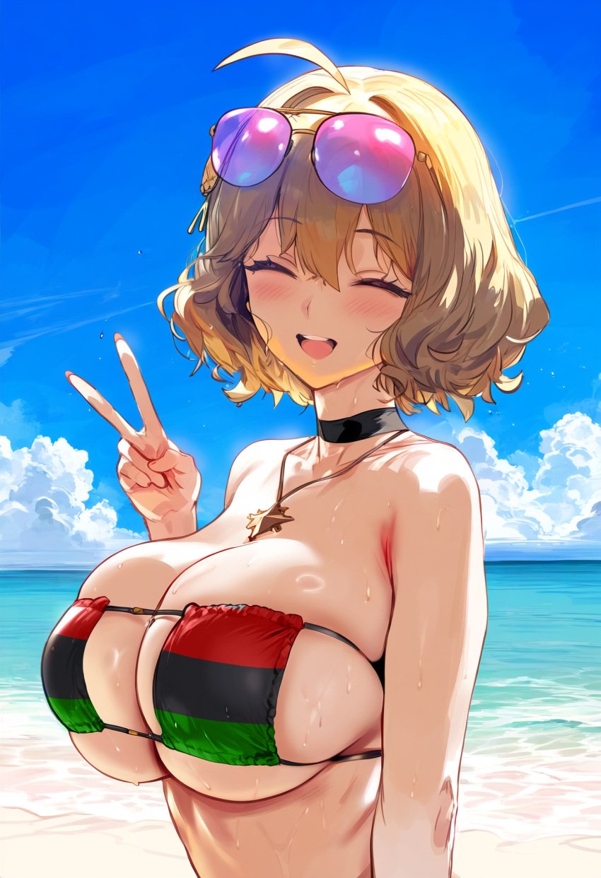 africa ai_generated anis_(nikke) beach beach_background big_breasts blacked_clothing breasts goddess_of_victory:_nikke himeno interracial ntr pan_african_flag_bikini peace_sign short_hair slut slutty_clothing slutty_outfit smile smiling smiling_at_viewer summer white_skin yellow_eyes
