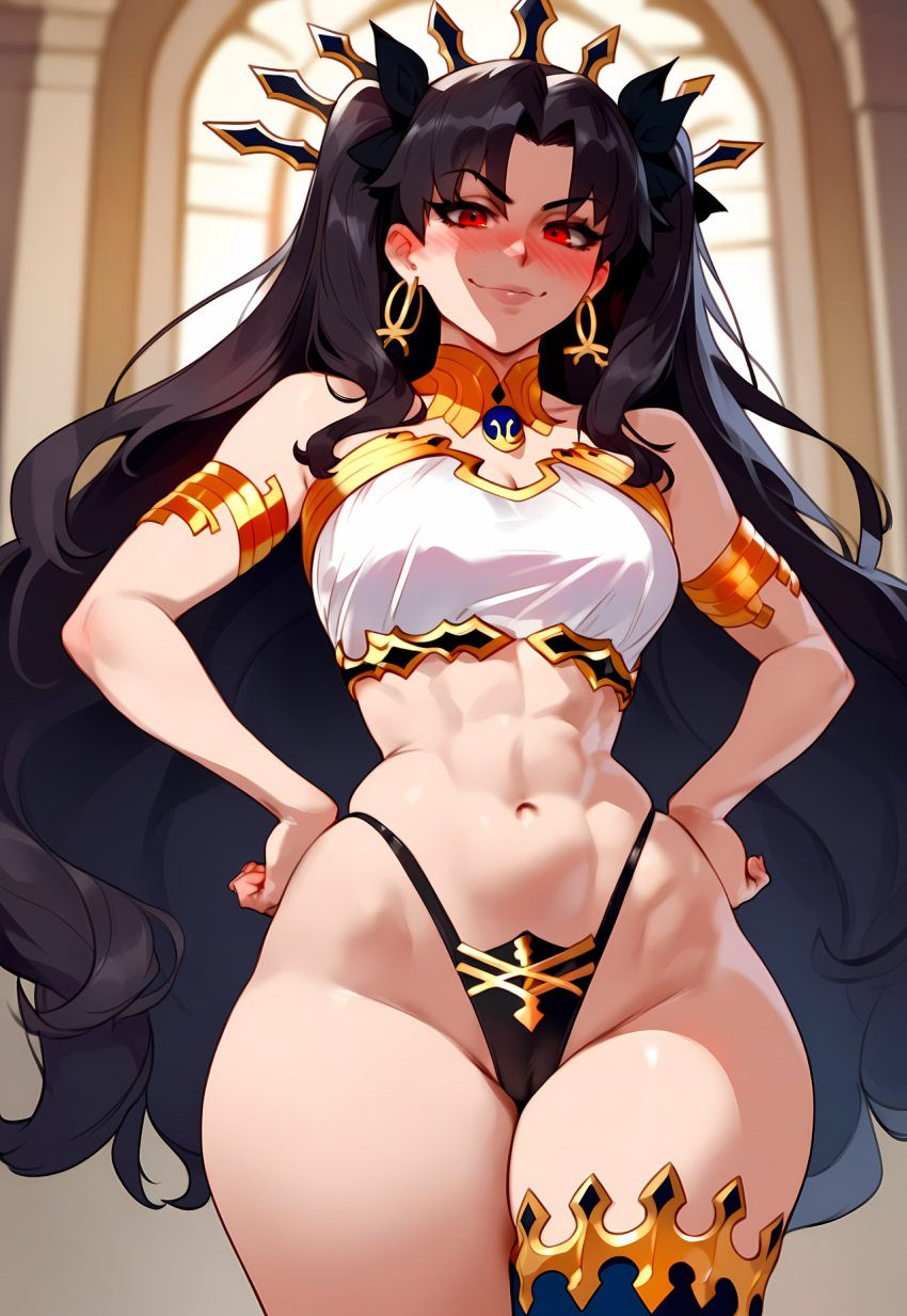 1girls abs ai-created ai_generated armlet asymmetrical_legwear bangs bare_shoulders bikini black_bikini black_hair black_thighhighs blush breasts cameltoe cleavage closed_mouth clothing completely_nude cowboy_shot crown curvaceous curvaceous_female curvaceous_figure curvy curvy_figure detached_collar earrings fate/grand_order fate_(series) female female_focus female_only floxin hair_ornament hair_ribbon hands_on_hips headwear highleg highleg_bikini hoop_earrings ishtar_(fate) jewelry large_breasts legwear long_hair looking_at_viewer medium_breasts midriff mismatched_bikini muscular_female navel neck_ring parted_bangs red_eyes ribbon single_thighhigh smile smug solo stomach swimsuit thighhighs thighs tiara tied_hair toned twintails two_side_up underwear v-shaped_eyebrows very_long_hair voluptuous voluptuous_female white_bikini