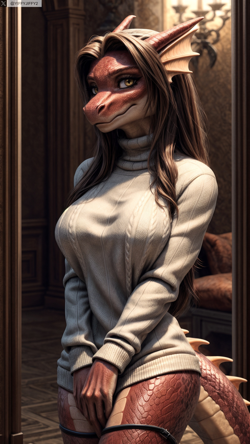 ai_generated anthro artist_name border breasts brown_hair closed_mouth colored_skin covering_crotch cowboy_shot female female_anthro furry furry_female head_fins hi_res high_resolution highres indoors long_hair long_sleeves looking_at_viewer monster_girl photorealistic realistic reptile scales scalie solo stable_diffusion standing sweater tail turtleneck_sweater twitter twitter_username v_arms watermark white_sweater yellow_eyes yiffyjiffy2 yiffyjiffy69