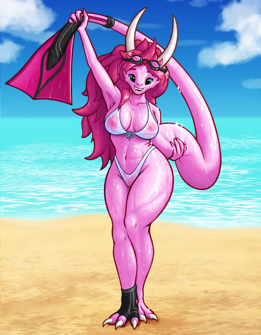2024 abs absurd_res animal_humanoid anthro beach big_breasts bikini blue_eyes breasts claws clothing colored digital_drawing_(artwork) digital_media_(artwork) dragon dragon_humanoid eyewear fan_character female genitals glistening glistening_body goggles hair happy hi_res holding_tail horn humanoid looking_at_viewer muscular muscular_anthro muscular_female mythological_creature mythological_scalie mythology navel nipples nude nudibunn open_mouth pink_body pink_hair pussy raised_arm scalie scalie_humanoid seaside simple_background smile solo swimming_fins swimming_goggles swimwear tail teeth thick_thighs toe_claws translucent translucent_clothing translucent_topwear two-piece_swimsuit water wet wet_clothing