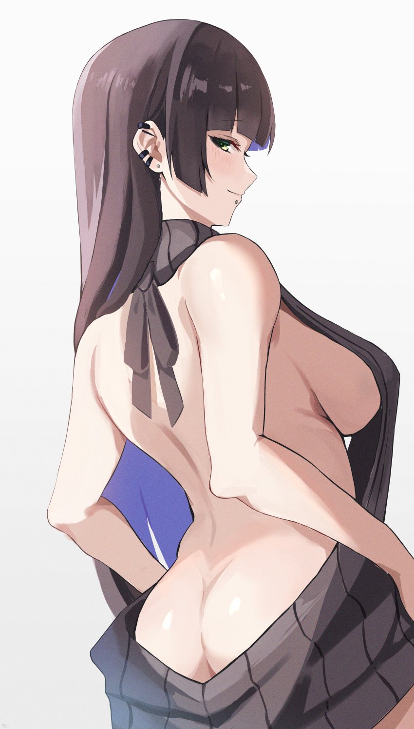 absurdres ass backless_outfit bare_arms bare_back bare_shoulders black_hair blue_hair blunt_bangs blush bocchi_the_rock! breasts brown_hair butt_crack colored_inner_hair cowboy_shot ear_piercing earrings female from_behind green_eyes grey_sweater highres jewelry large_breasts lip_piercing long_hair looking_at_viewer looking_back median_furrow meme_attire multicolored_hair no_bra no_panties pa-san piercing profile ribbed_sweater sideboob sideways_glance simple_background sitting sleeveless solo straight_hair stud_earrings sweater two-tone_hair very_long_hair virgin_killer_sweater yato_(yama0x1)