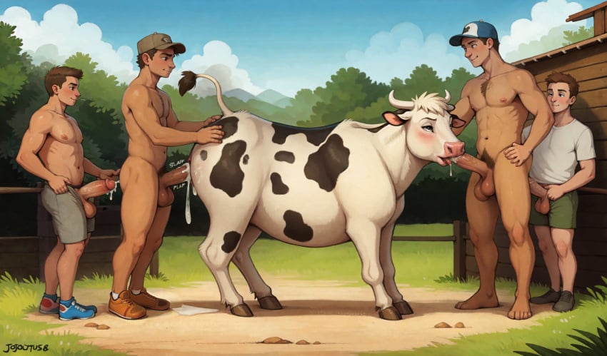 ai_generated blue_shoes blue_sky bovid bovine brown_shoes chest_hair cow cow_ears cow_horns cum_drip cum_in_ass cum_in_mouth cum_on_ass cum_on_floor detailed_background fraternity gay gray_shorts green_shorts group half-erect naked naked_male pubic_hair pumpkinai69 smile tree trees white_shirt zoophilia