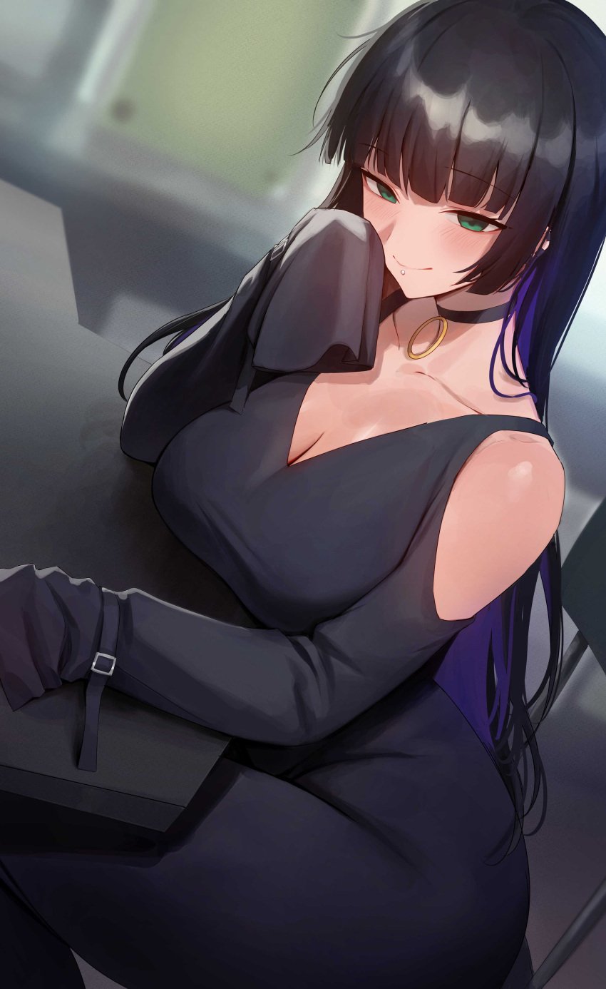 absurdres black_choker black_dress black_hair blunt_bangs bocchi_the_rock! breast_rest breasts breasts_on_table chair choker cleavage clothing_cutout collarbone colored_inner_hair dress elbow_rest female green_eyes hand_up highres hime_cut labret_piercing large_breasts long_hair long_sleeves multicolored_hair pa-san piercing purple_hair revision rororo sitting sleeves_past_wrists solo straight_hair table