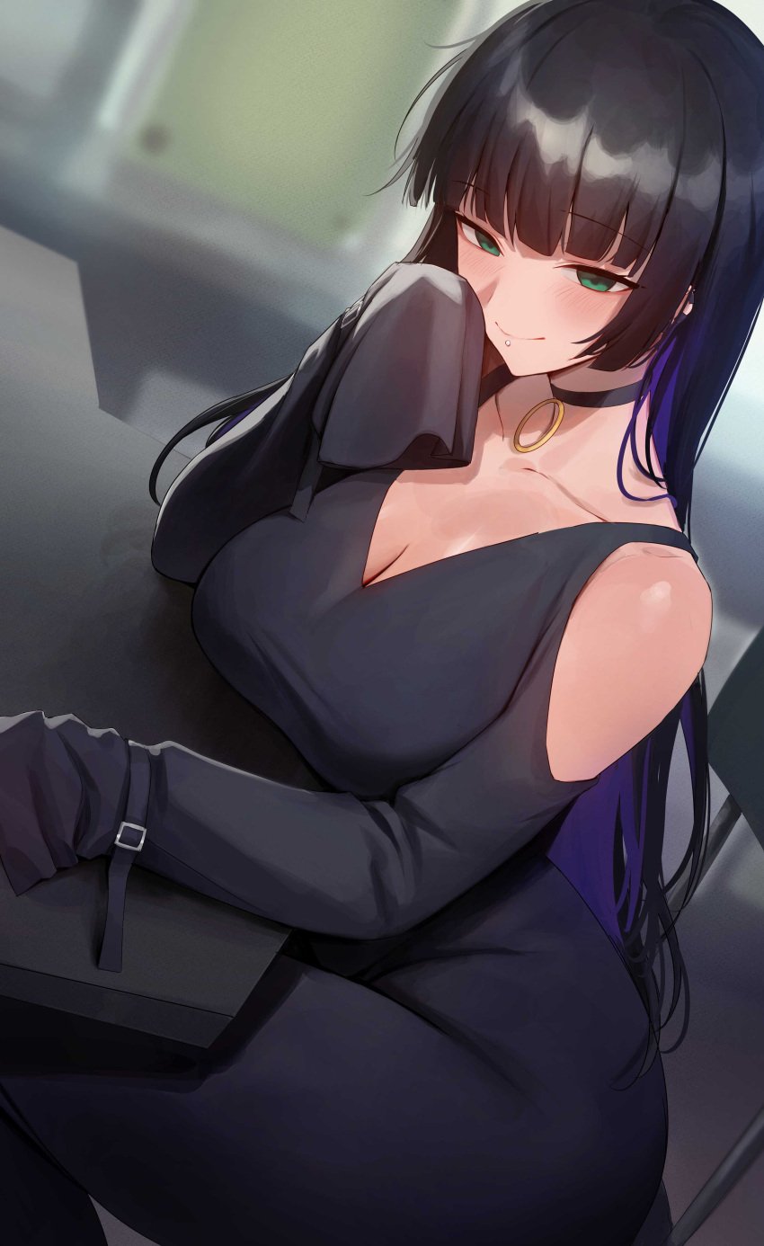 absurdres black_choker black_dress black_hair blunt_bangs bocchi_the_rock! breast_rest breasts breasts_on_table chair choker cleavage clothing_cutout collarbone colored_inner_hair dress elbow_rest female green_eyes hand_up highres hime_cut labret_piercing large_breasts long_hair long_sleeves multicolored_hair pa-san piercing purple_hair revision rororo sitting sleeves_past_fingers sleeves_past_wrists solo straight_hair table