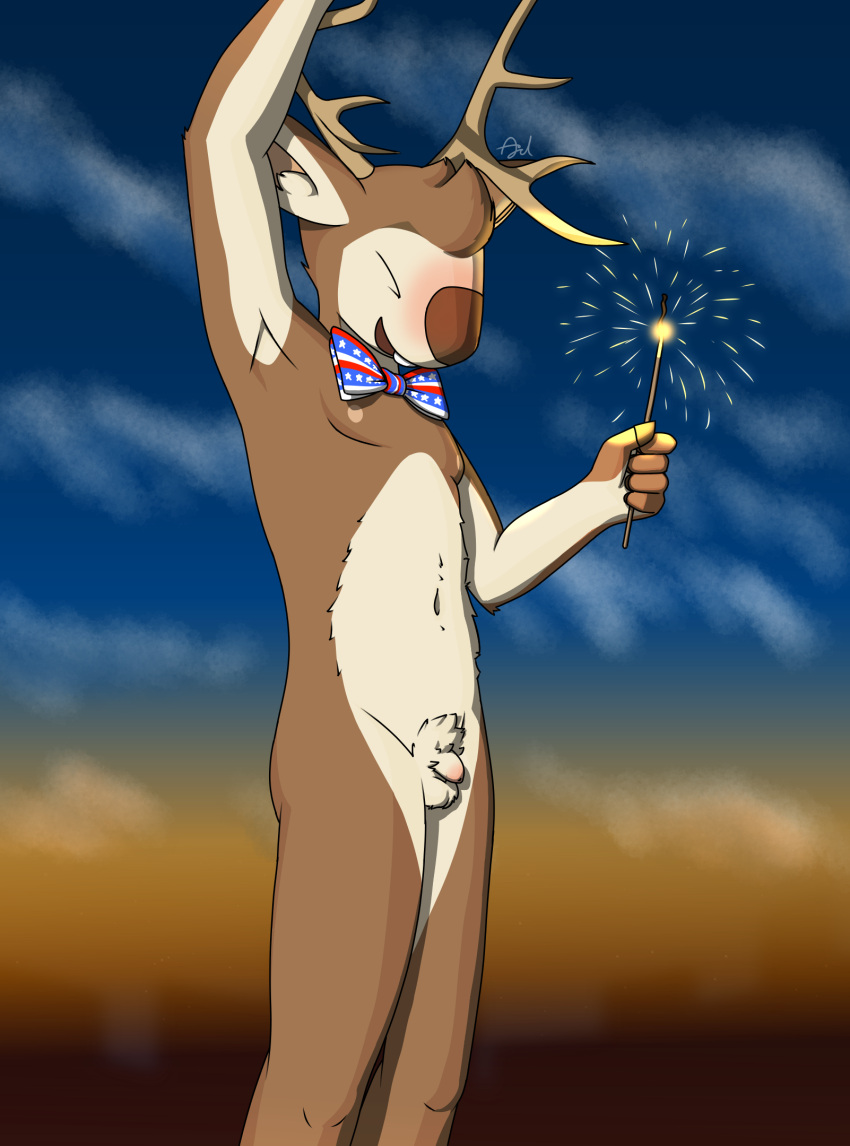 4th_of_july american_flag anthro antlers balls blush bow_tie buckteeth celebrating cloud deer evening exhibitionism fingers flaccid fur genitals hi_res holidays hooved_fingers hooves horn humanoid_genitalia humanoid_penis kokoha_is_here male male_only mammal mule_deer multicolored_body multicolored_fur navel new_world_deer nipples nude outdoor_nudity outside penis pubes raised_arm sky small_penis solo sparkler teeth two_tone_body two_tone_fur united_states_of_america