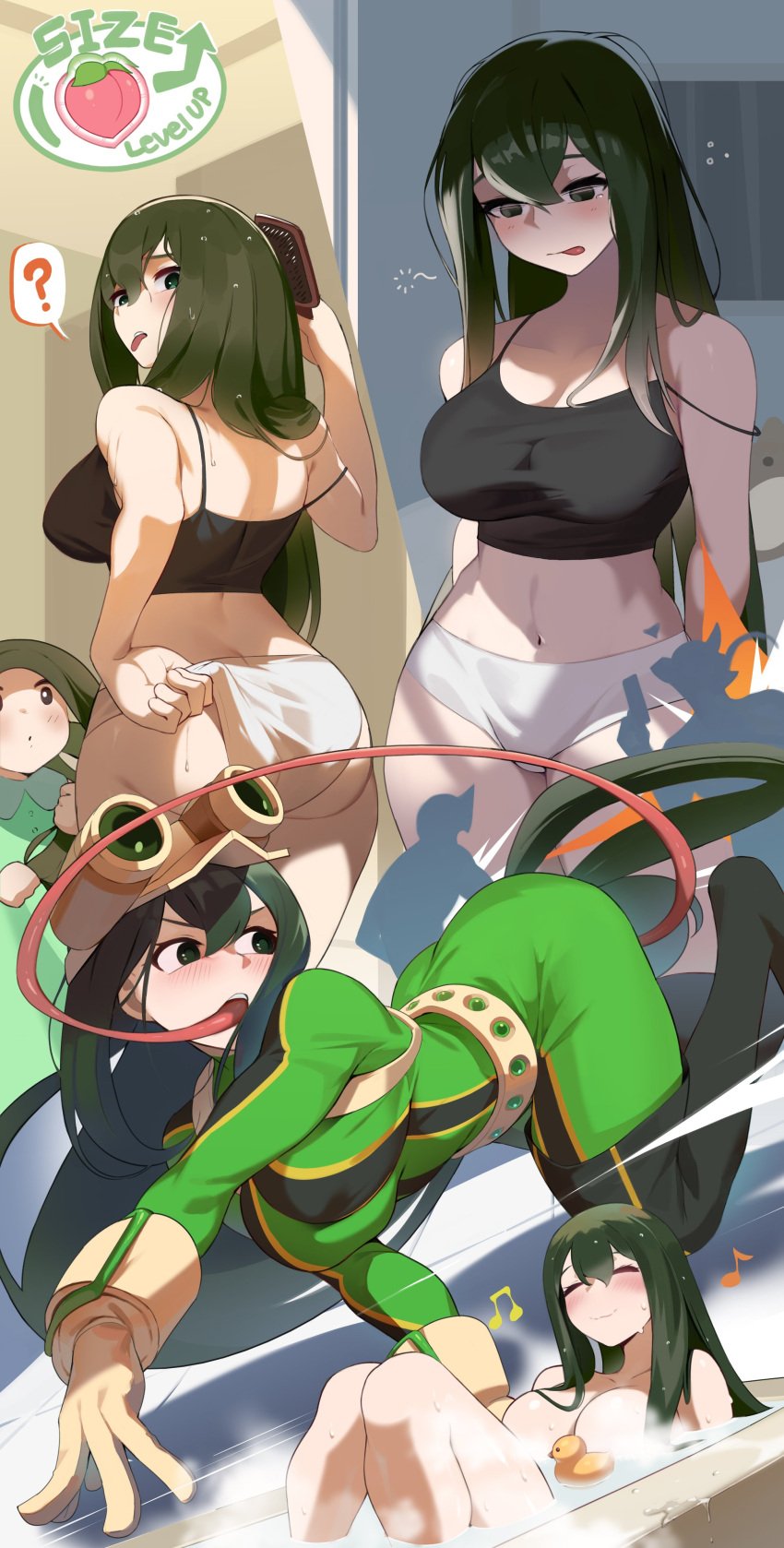 1girls 2024 absurdres alternate_breast_size ass ass_focus bath bathroom blush boku_no_hero_academia cleavage closed_eyes female female_only frog_girl goggles goggles_on_head green_eyes green_hair hero_outfit_(mha) highres ko_koyap large_breasts light-skinned_female light_skin long_hair long_tongue loose_clothes my_hero_academia nude nude_female solo steam tongue tongue_out tsuyu_asui underwear