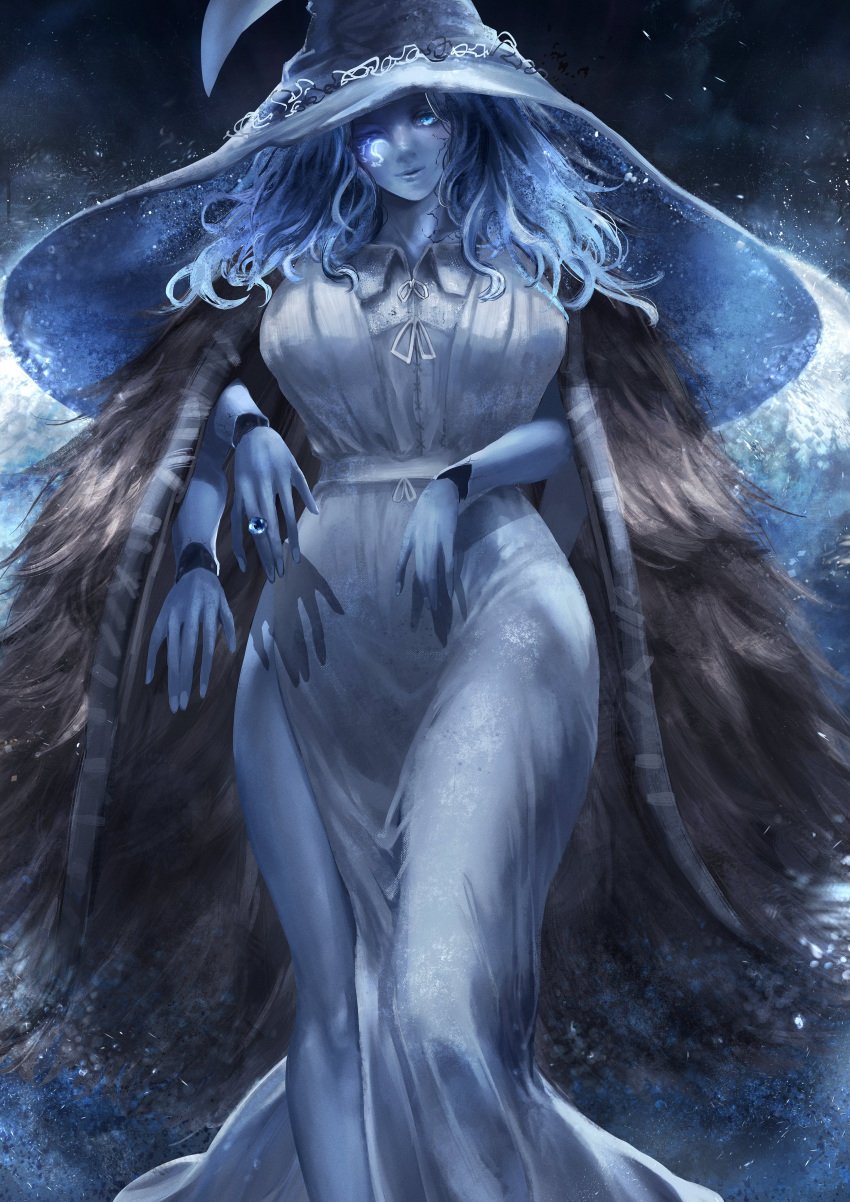 big_breasts blue_body blue_eyes blue_hair dark_moon_ring dress elden_ring engagement_ring female female_only fromsoftware onemalu1123 pov ranni_the_witch standing thick_thighs tight_clothing tight_fit wide_hips witch_hat