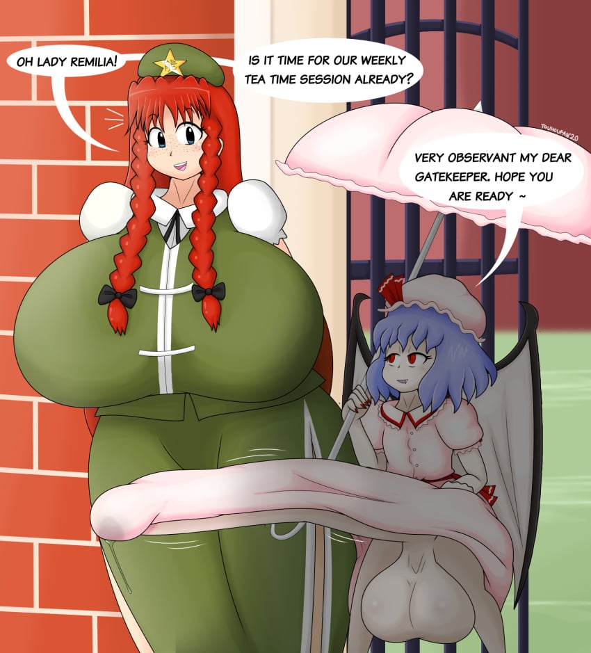 1futa 1girls balls bat_wings big_breasts big_penis big_testicles bottomless breasts clothed clothing dialogue dress duo english english_text erection erection_under_clothes erection_under_clothing erection_under_dress female futa_on_female futa_with_female futanari gigantic_breasts gigantic_penis hong_meiling huge_balls huge_breasts huge_cock huge_testicles human large_balls large_breasts large_penis large_testicles light-skinned_female light-skinned_futanari light_skin long_hair mostly_clothed parasol penis purple_hair red_eyes red_hair remilia_scarlet short_hair size_difference speech_bubble standing testicles text touhou touhoufan umbrella vampire vampire_girl wings