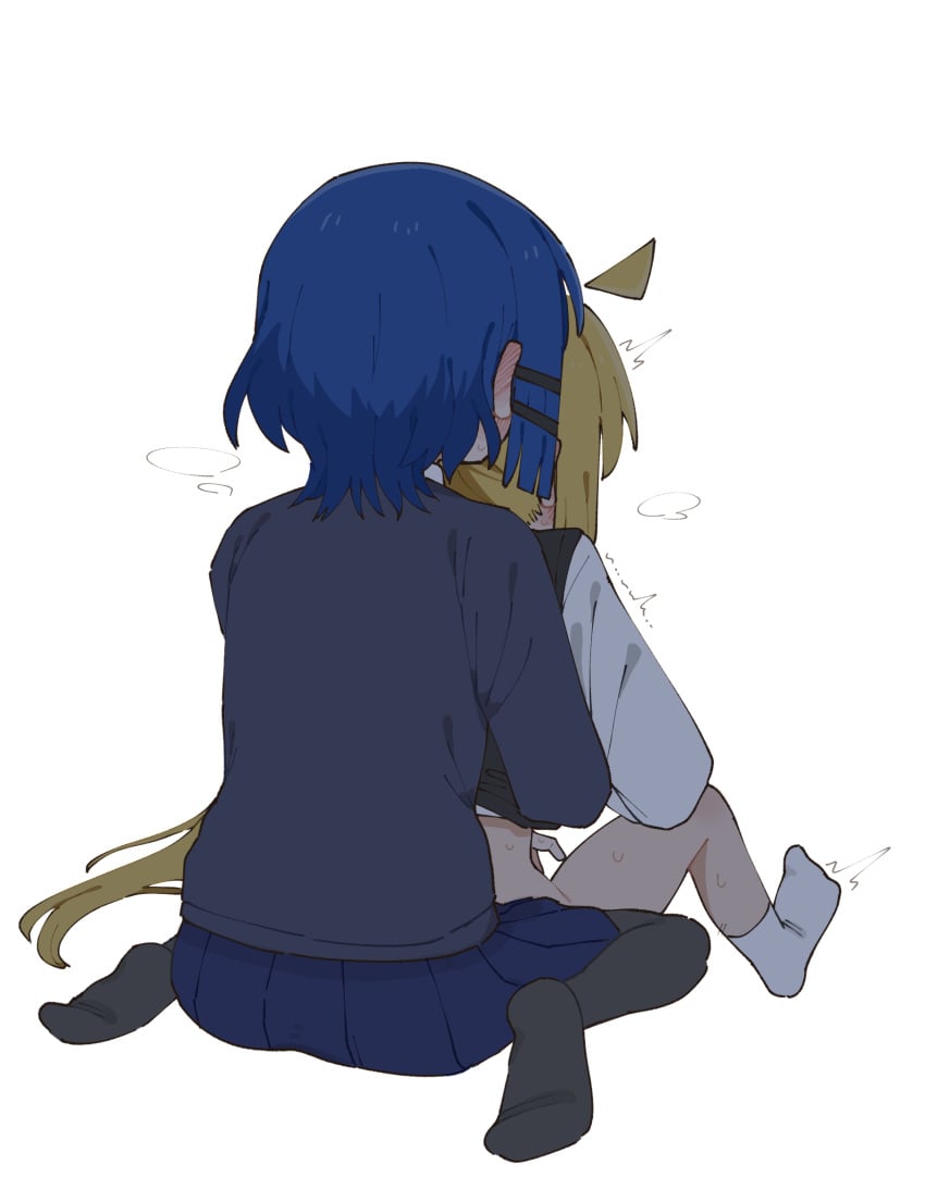 2girls ahoge bad_id bad_pixiv_id black_pantyhose black_sweater black_vest blonde_hair blue_hair blue_skirt blush bocchi_the_rock! bottomless chikyuu_marusugi commentary_request ear_blush facing_away fingering fingering_from_behind front-to-back full_body hair_ornament hairclip highres ijichi_nijika long_hair long_sleeves multiple_girls no_shoes pantyhose pleated_skirt school_uniform shirt short_hair simple_background sitting skirt socks sweater twitching vest wariza white_background white_shirt white_socks yamada_ryou yuri