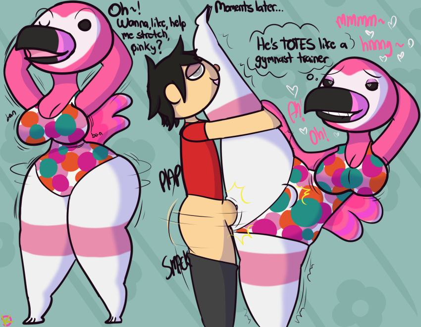 animal_crossing anthro avian big_breasts bird bouncing_breasts breasts cleavage clenched_teeth clothed clothing duo female flamingo flora_(animal_crossing) half-closed_eyes hands_behind_back heart_eyes heart_symbol hi_res human inviting klutzatdusk larger_female leotard looking_pleasured male male/female mammal narrowed_eyes nintendo one_leg_up penetration raised_leg sex shaking shaking_hips size_difference skimpy standing standing_sex stomach_bulge teeth thick_thighs vaginal_penetration vaginal_penetration villager_(animal_crossing) wide_hips