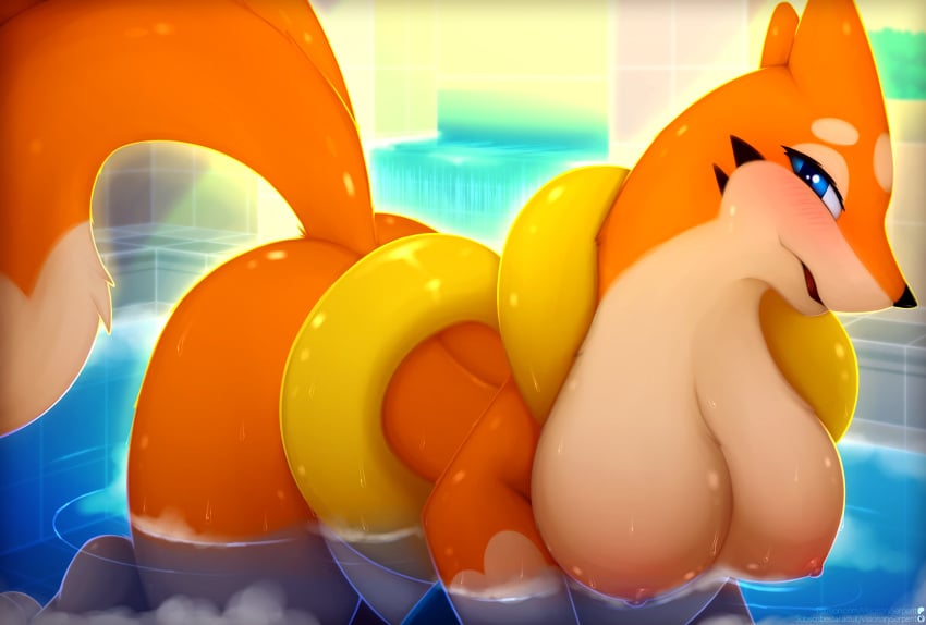 2024 absurd_res all_fours big_breasts blush breasts cleavage clothed clothing feet female floatzel generation_4_pokemon glistening glistening_body hi_res looking_at_viewer mammal mustelid nintendo nipples nude open_mouth paws pokemon pokemon_(species) pool slightly_chubby solo visionaryserpent water wet