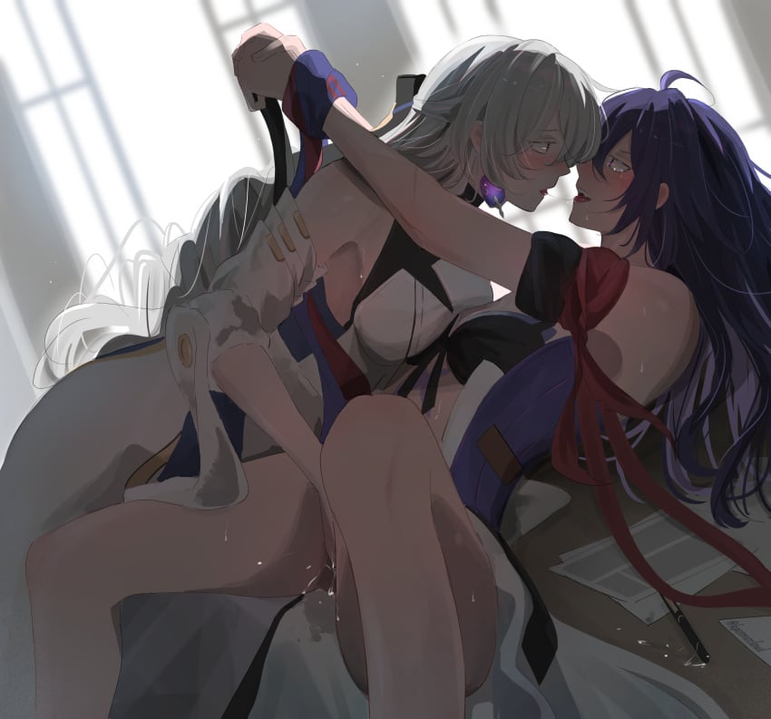 2girls :d ahoge armband bare_shoulders blush breast_press breasts bronya_rand detached_sleeves earrings english_text eye_contact face-to-face feet_out_of_frame female_ejaculation fingering from_side grey_hair hair_between_eyes highres honkai:_star_rail honkai_(series) jewelry kaosmccloud large_breasts long_hair long_sleeves looking_at_another multiple_girls nose_blush open_mouth own_hands_together profile purple_eyes purple_hair purple_scarf purple_shirt pussy_juice red_armband saliva saliva_trail scarf seele_(honkai:_star_rail) shirt sleeveless sleeveless_shirt smile spread_legs tears teeth upper_teeth_only white_shirt white_sleeves yuri