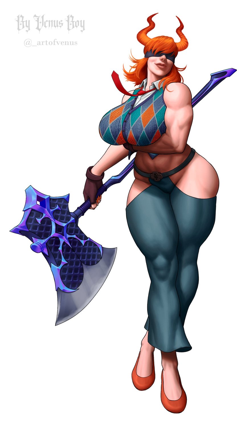 1girls axe battle_axe big_breasts blindfold breasts chaps female female_only horns muscular muscular_thighs orange_hair thick_thighs venusboyart wide_hips