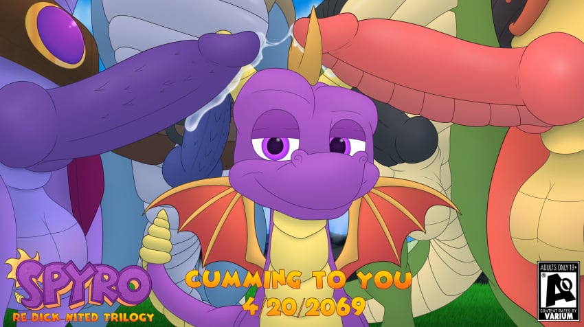 activision advertisement animal_genitalia animal_penis anthro asher_(spyro) balls blue_body bodily_fluids bubba_(spyro) clothing cum delbin_(spyro) digital_media_(artwork) dragon english_text erection fake_advertisement feral genital_fluids genitals grass green_body group hi_res humor knot knotted_penis leaking leaking_cum looking_at_viewer male membrane_(anatomy) membranous_wings mythological_creature mythological_scalie mythology nestor_(spyro) nude outside penile_spines penis plant purple_body purple_scales rescued_dragons_(spyro) scales scalie sheath simple_background sky smile smirk spines spyro spyro_reignited_trilogy spyro_the_dragon tail text varium widescreen wings