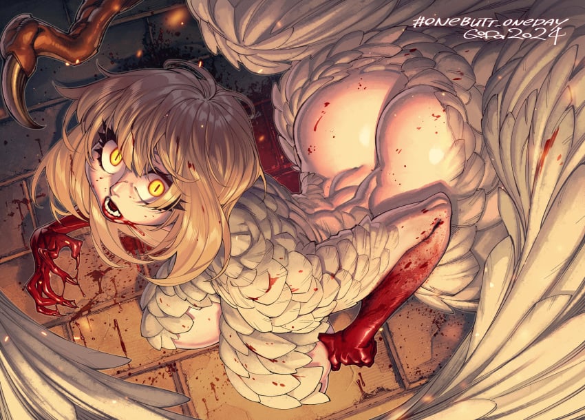 1female 1girls 2d 2d_(artwork) artist_name artist_signature ash_blonde_hair ass blonde blonde_female blonde_hair blood blood_drip blood_in_mouth blood_splatter blood_stain breasts butt chimera delicious_in_dungeon dungeon_meshi eyes falin_touden falin_touden_(chimera) feathered_crest feathered_dragon feathered_wings feathers female glowing_eyes gofa light-skinned_female light_skin looking_up mammal mammal_humanoid monster monster_girl mythological_creature mythology no_clothes non-human onebutt_oneday_2024 reptilian_eyes solo solo_female talons white_feathers wings yellow_eyes