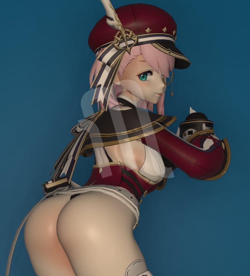 1girls 3d ass ass ass_focus blender blue_background butt_focus camera charlotte_(genshin_impact) female genshin_impact hat holding_camera hoyoverse looking_at_viewer mihoyo monocle pink_hair simple_background solo solo_female tongue tongue_out watermark