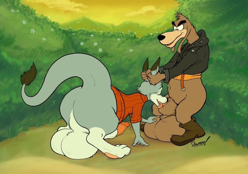 absurd_res alex_the_rubikang animal_genitalia anthro ass balls big_balls big_butt big_penis big_sheath bodily_fluids boots canid canine canis clothed clothing dawmino detailed_background digital_media_(artwork) disney domestic_dog dripping duo erection fur genital_fluids genitals goof_troop grabbing_both_ears hair hi_res huge_balls huge_cock hyper hyper_balls hyper_genitalia hyper_penis jacket kangaroo leaking_precum leather leather_clothing leather_jacket leather_topwear licking long_ears macropod male male/male mammal marsupial oral penis precum precum_drip sex sheath tail thick_thighs tongue tongue_out topwear unnamed_character