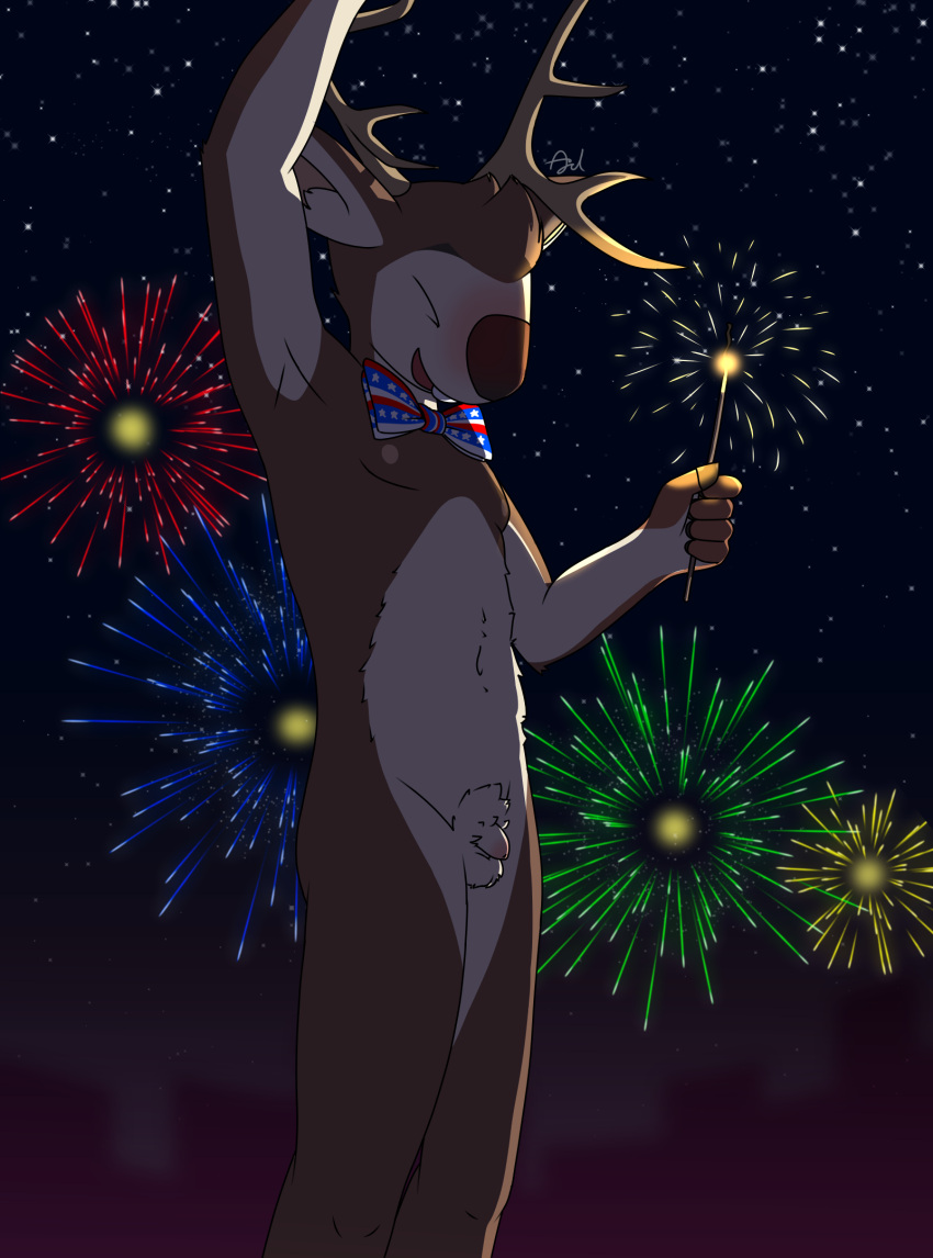 4th_of_july ajul_rodriguez american_flag anthro antlers balls blush bow_tie buckteeth celebrating deer exhibitionism fingers fireworks flaccid fur genitals hi_res holidays hooved_fingers hooves horn humanoid_genitalia humanoid_penis kokoha_is_here male male_only mammal mule_deer multicolored_body multicolored_fur navel new_world_deer night nipples nude outdoor_nudity outside penis pubes raised_arm sky small_penis solo sparkler star starry_sky teeth two_tone_body two_tone_fur united_states_of_america