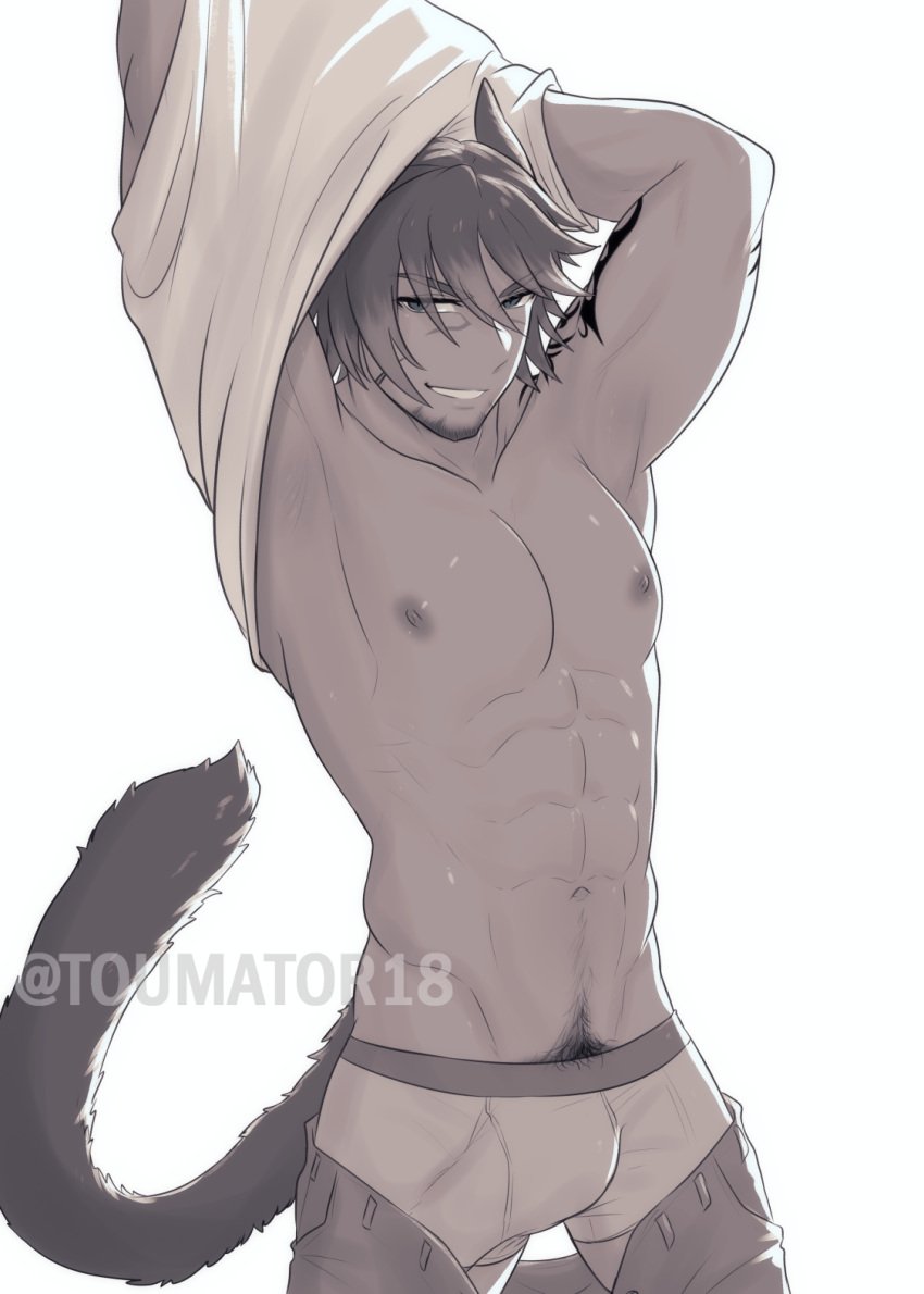 1boy abs arm_tattoo armpits arms_up bulge cat_ears cat_tail cocky erection erection_under_clothes facial_hair final_fantasy final_fantasy_xiv goatee looking_at_viewer male male_only miqo&#039;te muscular muscular_arms muscular_chest naughty_face nipples pants_down pecs penis penis_outline pubic_hair seductive smile smiling_at_viewer solo solo_male standing tail tattoo toumator18 underwear undressing
