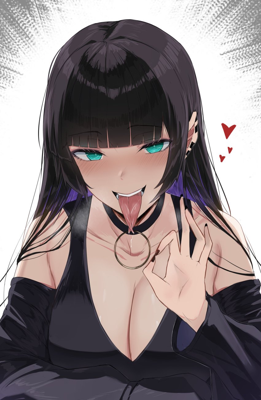 absurdres aqua_eyes arm_rest black_choker black_dress black_hair black_nails blush bocchi_the_rock! breasts choker cleavage collarbone colored_inner_hair commentary dress ear_piercing fellatio_gesture female forked_tongue heart highres hime_cut large_breasts long_hair looking_at_viewer micchan_(micchanmeido) multicolored_hair open_mouth pa-san piercing saliva sexually_suggestive solo straight_hair tongue tongue_out upper_body