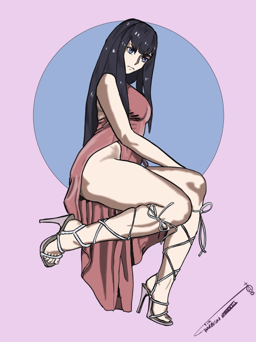 1girls artist_signature black_hair blue_eyes dress high_heels ironsiderodger kill_la_kill kiryuuin_satsuki legs light-skinned_female light_skin long_hair open_toe_shoes sitting thighs