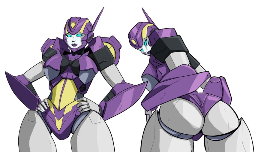 1girls ass azzertyimages big_ass blue_eyes front_and_back hands_on_hips nautica panties purple_lipstick purple_panties robot robot_girl robot_humanoid simple_background transformers white_background