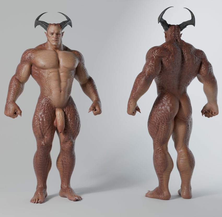 2_horns abs animal_humanoid ass balls dragon dragon_humanoid general_shao genitals hi_res horn humanoid humanoid_pointy_ears male male_focus male_only mortal_kombat mortal_kombat_1_(2023) mythological_creature mythological_scalie mythology nipples pecs penis rear_view scales scalie shao_kahn solo solo_male vein veiny_penis voluox