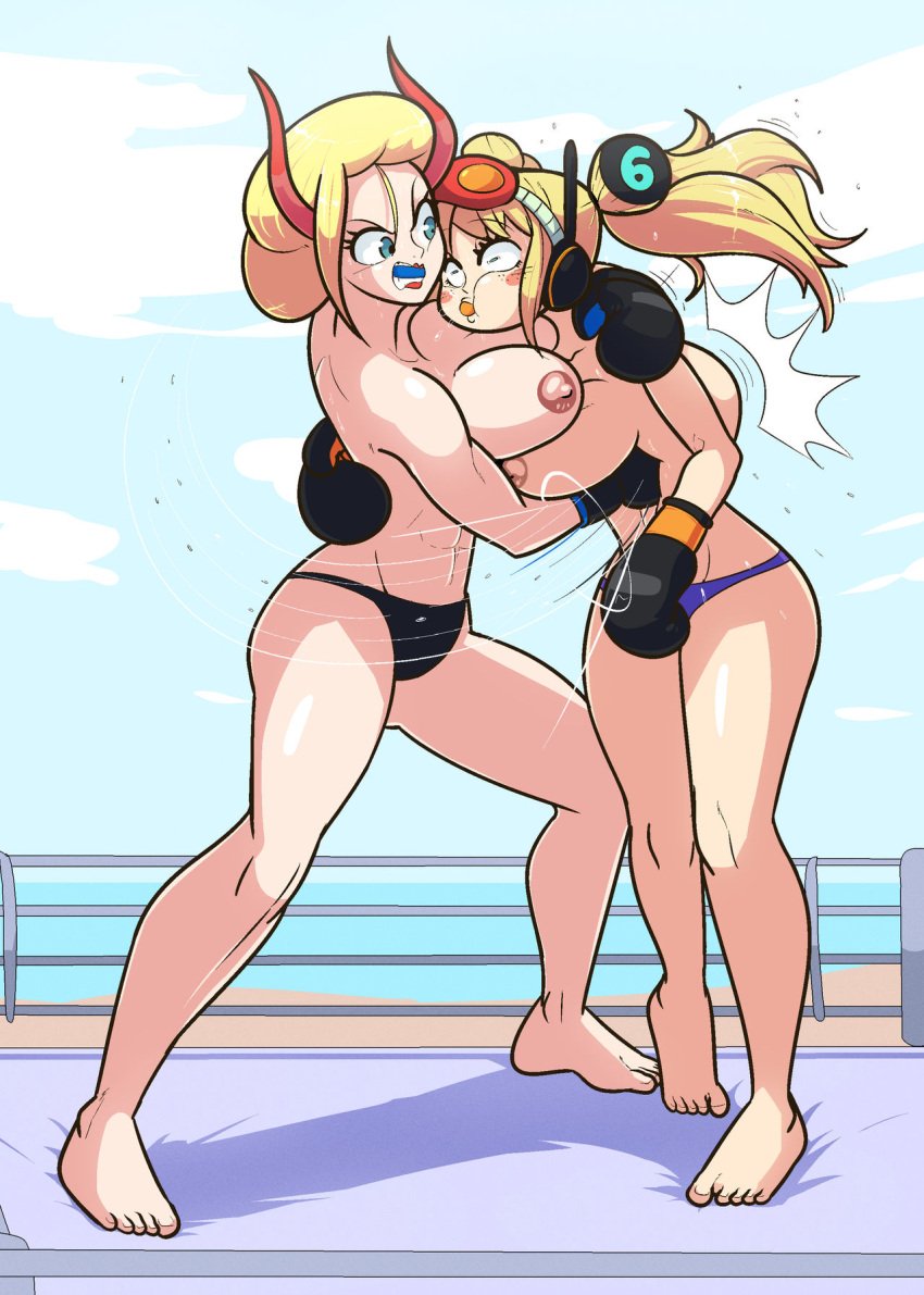 2girls abs barefoot beast_pirates black_boxing_gloves black_gloves black_maria blonde_hair blue_eyes boxing boxing_gloves boxing_ring breasts duo egghead female female_only fight fighting_ring gloves gut_punch horns large_breasts lips lipstick multiple_girls netto-painter nipples one_piece punch tagme topless topless_boxing topless_female vegapunk_york wano_country