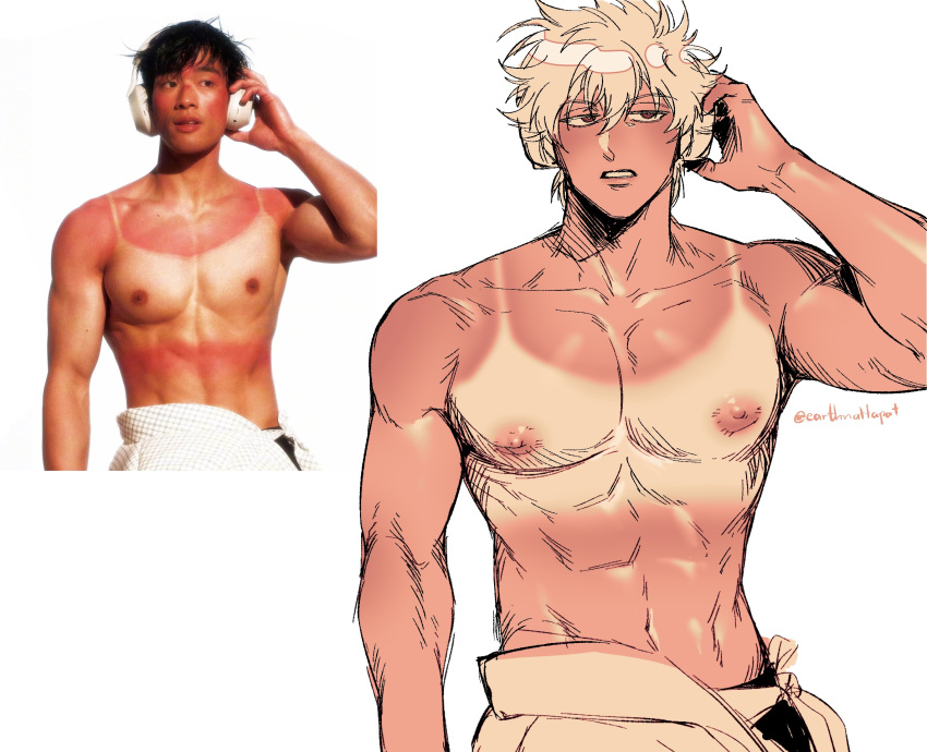 earthnattapat gintama gintoki_sakata half-closed_eyes headphones heatstroke_(trend) male male_only meme muscular muscular_male nipples pecs red_eyes redraw solo sunburn tanline topless topless_male white_hair