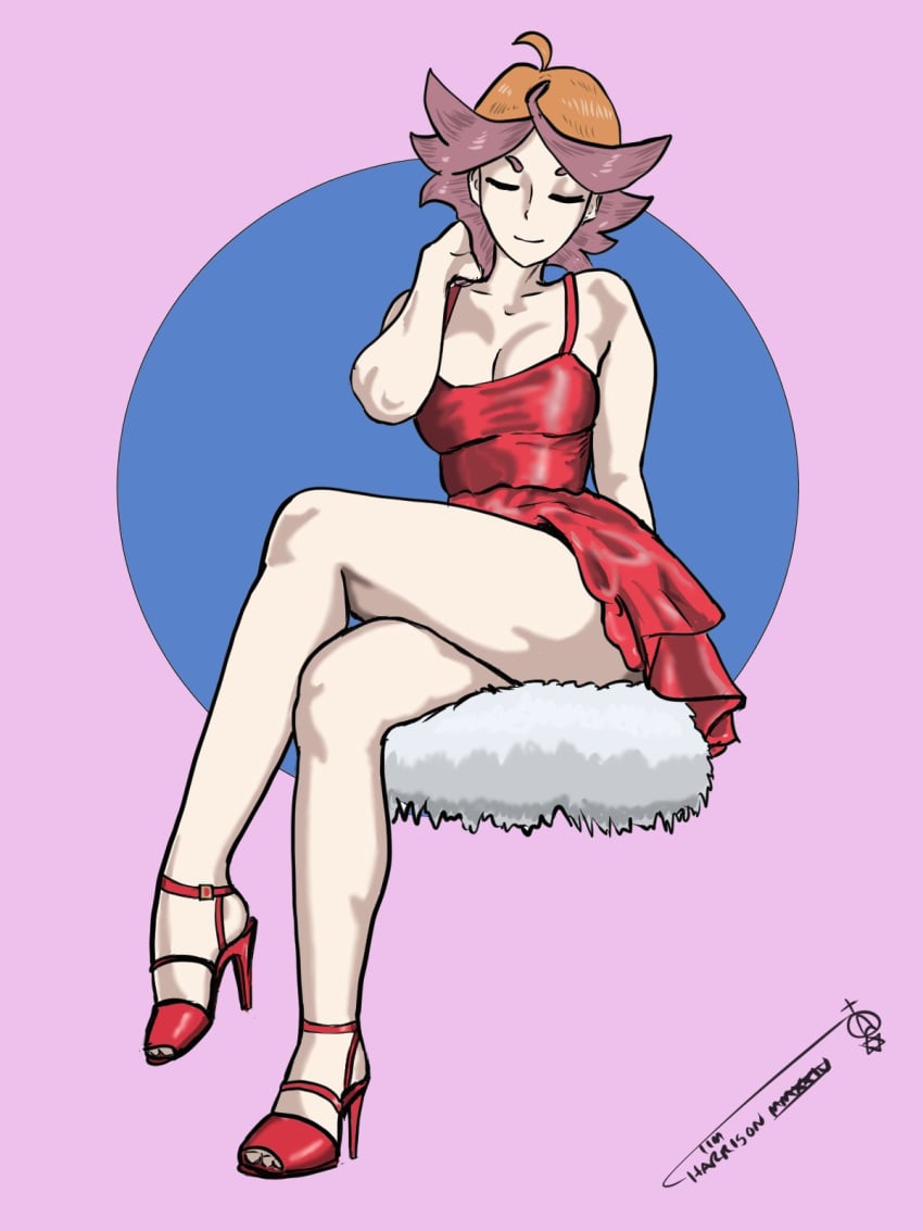 1girls amanda_o'neill artist_signature cleavage closed_eyes dress high_heels ironsiderodger legs legs_crossed light-skinned_female light_skin little_witch_academia open_toe_shoes orange_hair red_dress red_high_heels sitting