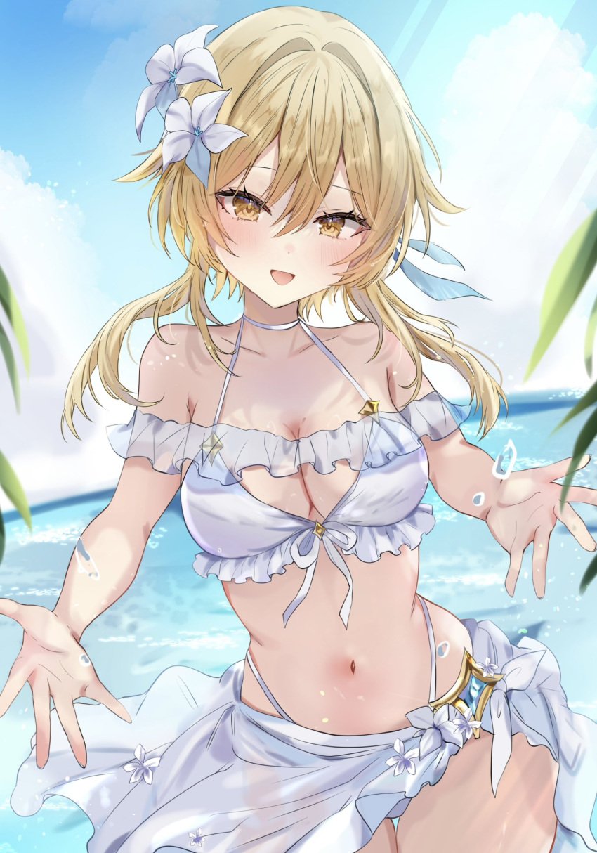 1girls 2d 2d_(artwork) alternate_costume belly_button bikini bikini_bottom bikini_top blonde_hair day female female_focus female_only flowers flowers_in_hair front_view genshin_impact high_resolution highres light-skinned_female light_skin looking_at_viewer lumine_(genshin_impact) maruro medium_breasts navel ocean outdoors short_hair sky slim_girl smiling smiling_at_viewer solo solo_female solo_focus standing summer swimsuit thong thong_bikini two_piece_swimsuit water white_bikini white_bikini_bottom white_bikini_top white_flowers white_swimsuit yellow_eyes young younger_female