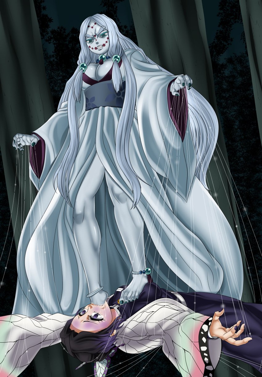 2girls angry barefoot big_breasts bondage choking choking_on_foot dark_hair demon_slayer domination feet female female_only floating foot_fetish foot_in_mouth forced forced_yuri forest gagged helpless kimetsu_no_yaiba kochou_shinobu long_dress mother_spider_demon multiple_girls pale_skin purple_eyes purple_hair restrained revenge suffocation webbed webs white_hair white_outfit white_skin yuri