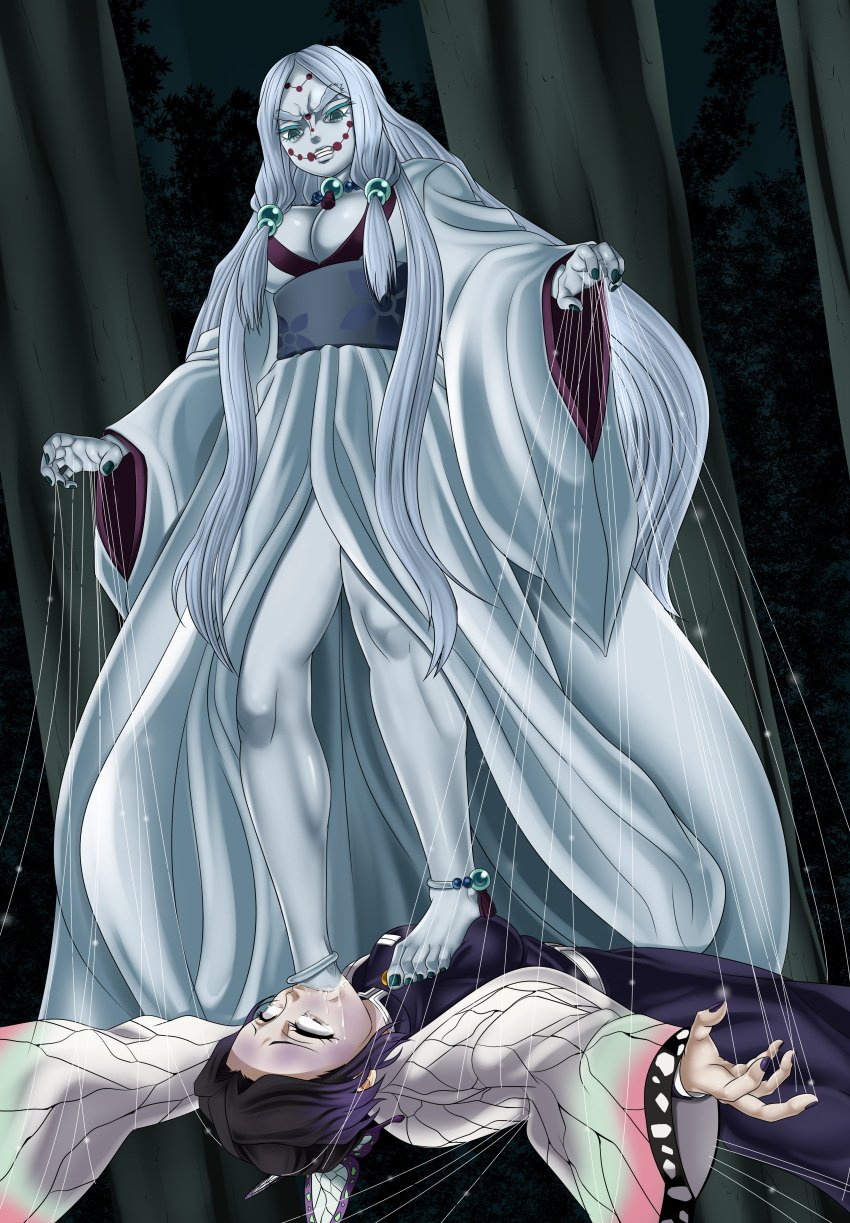 angry bare_feet big_breasts bondage choked_to_death choking choking_on_foot corpse dark_hair dead demon_slayer domination feet floating foot_fetish foot_in_mouth forced forced_yuri forest gagged helpless kimetsu_no_yaiba kochou_shinobu long_dress mother_spider_demon pale_skin purple_eyes purple_hair restrained revenge suffocation webbed webs white_hair white_outfit white_skin yuri