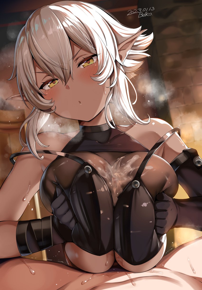 1boy 1girls absurd_res artist_name belko cum cum_between_breasts cum_on_breasts cum_on_clothes dark-skinned_female dark_elf dark_skin dated de-chan_(lolicept) elf elf_ears elf_female elf_girl female female_focus hi_res original original_character paizuri paizuri_lead_by_female paizuri_peek paizuri_pov paizuri_under_clothes penis penis_between_breasts penis_peek pov pov_paizuri short_hair white_hair yellow_eyes