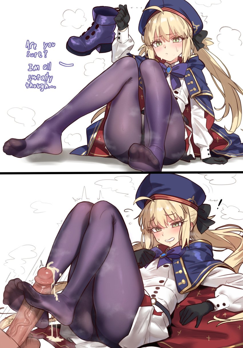 1boy 1girls artoria_pendragon artoria_pendragon_(caster) blonde_hair breasts cum ebora ejaculation fate/grand_order fate_(series) feet feet_visible_through_clothing female foot_fetish foot_focus footjob green_eyes long_hair male pantyhose penis petite petite_body small_breasts smell soles_of_feet_in_stockings toes_visible_through_clothing twintails uncensored youngmanisdown