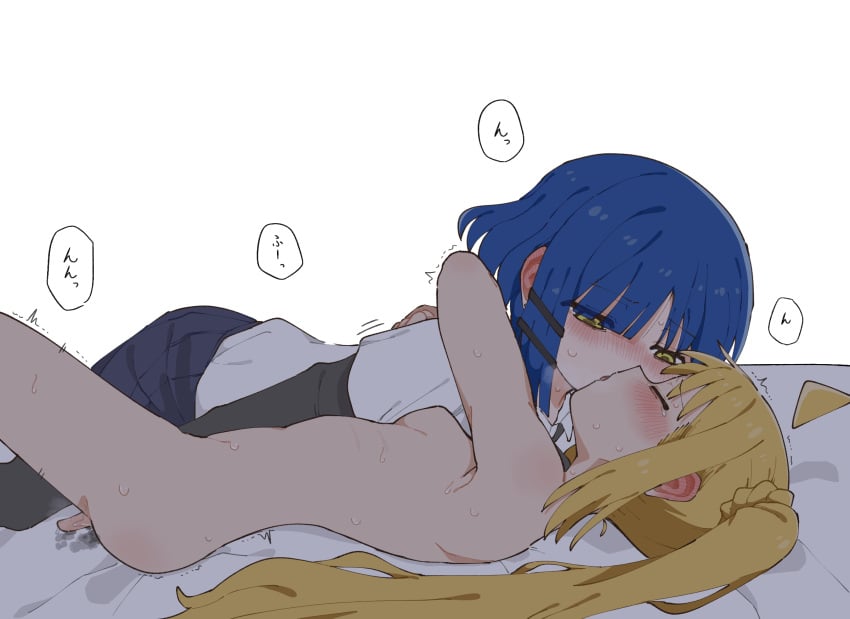 2girls ahoge bad_id bad_pixiv_id black_pantyhose blonde_hair blue_hair blush bocchi_the_rock! breasts chikyuu_marusugi closed_eyes clothed_female_nude_female commentary_request completely_nude ear_blush fingering french_kiss half-closed_eyes highres hug ijichi_nijika kissing layered_sleeves long_hair long_sleeves looking_at_another lying multiple_girls no_nipples nose_blush nude on_back on_bed pantyhose ponytail_with_braided_base pussy_juice shirt shirt_tucked_in short_over_long_sleeves short_sleeves side_ponytail simple_background small_breasts sweat tears translation_request twitching very_sweaty white_background white_shirt yamada_ryo yellow_eyes yuri