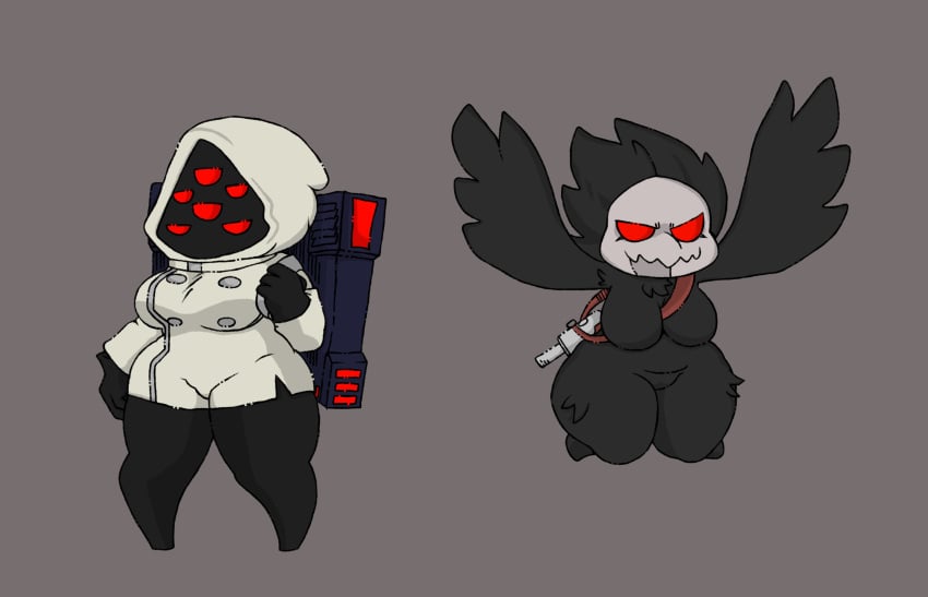 >:3 2022 2girls anthro avian bird black_body black_feathers breasts chimera corvid crow feathers female fluffy hi_res labcoat moogers necromancer_(nuclear_throne) nuclear_throne ranged_weapon raven_(nuclear_throne) red_eyes scientist shortstack thick_thighs uzi weapon wings