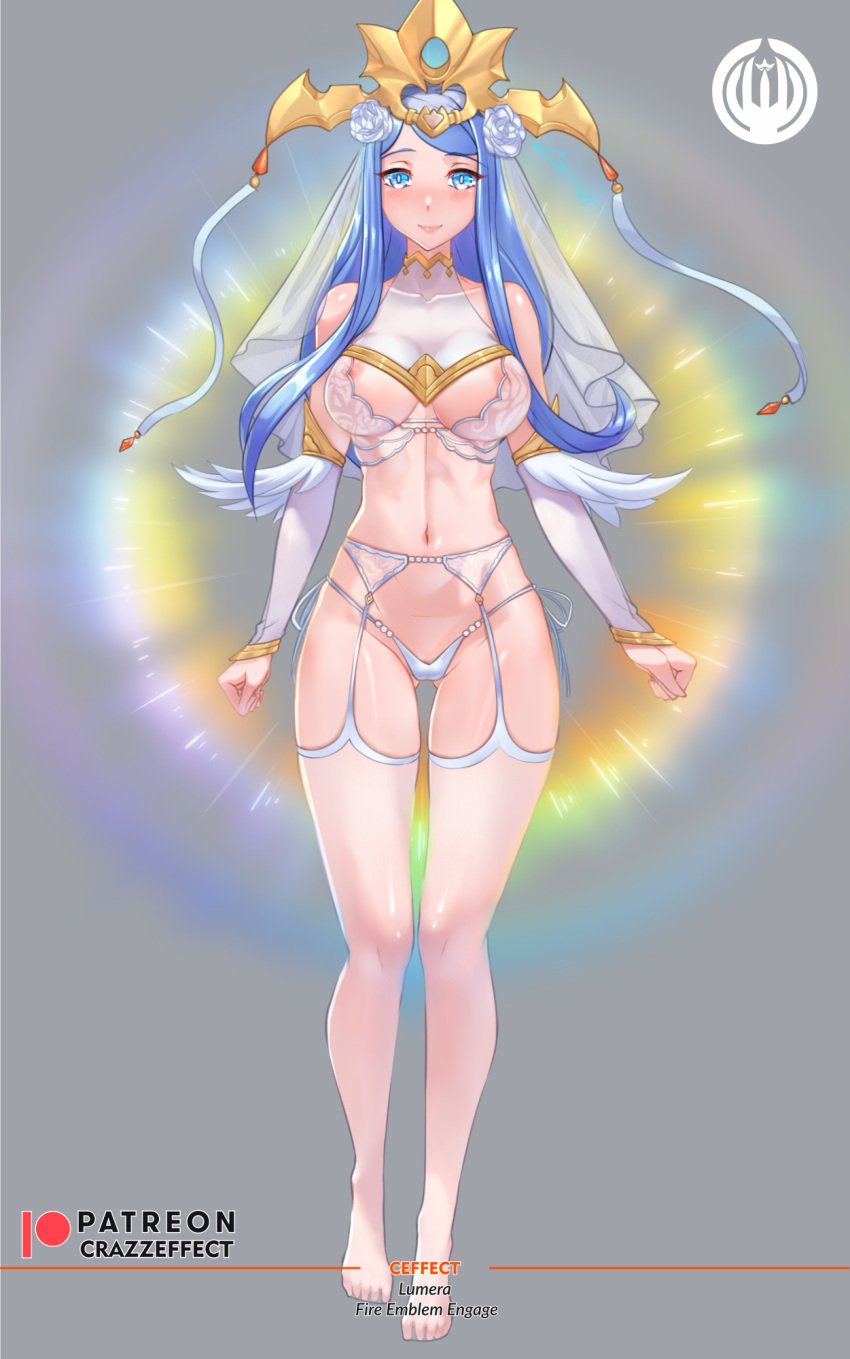 1girls alternate_version_available areola_slip areolae ass_visible_through_thighs bangs bare_midriff bare_thighs blue_eyes blue_hair bodystocking bra breasts bridal_veil bride collarbone crazzeffect detached_sleeves female female_only fire_emblem fire_emblem_engage flower full_body garter_belt glowing grey_background hair_flower halterneck large_breasts light lingerie long_hair long_sleeves looking_at_viewer lumera_(fire_emblem) mature mature_female midriff nintendo nipples panties partially_visible_vulva pussy see-through see-through_bra see-through_panties see-through_thighhighs smile solo thighhighs thighs underwear veil white_bra white_panties