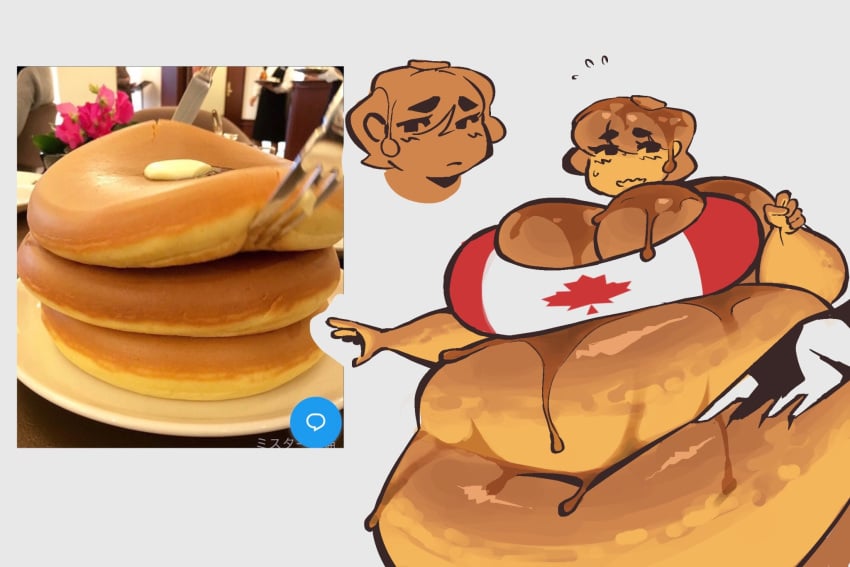 1girls belly blubberblimp breasts canadian_flag fat_rolls female food_humanoid fork huge_breasts maple_syrup pancake syrup