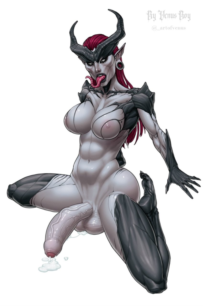 1futa areolae balls big_balls big_breasts big_penis breasts bumpy_tongue cum erection futa_only futanari grey_body grey_skin horns huge_cock humanoid humanoid_penis kneeling long_tongue nipples nude partially_retracted_foreskin penis pointy_ears solo tongue tongue_out uncut veiny_penis venusboyart