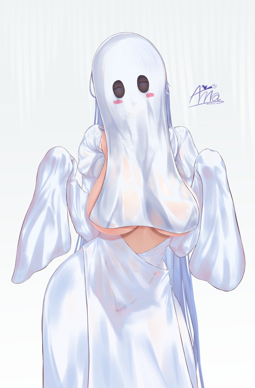 absurdres alsace_(azur_lane) alternate_costume annasui_factory azur_lane blue_eyes blue_hair breastless_clothes breasts breasts_out contrapposto dress female ghost_costume ghost_girl ghost_mask halloween_costume hands_up highres huge_breasts long_hair looking_at_viewer see-through_clothes see-through_dress signature simple_background solo white_dress