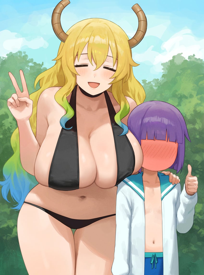 1boy 1girls big_breasts blush blushing breasts breasts_bigger_than_head curvaceous curvy curvy_female female female_focus hi_res highres huge_breasts large_breasts light-skinned_female light_skin lucoa lucoa_(maidragon) magatsuchi_shouta massive_breasts miss_kobayashi's_dragon_maid navel nhaliz quetzalcoatl_(dragon_maid) smile smiling thick_thighs thighs wide_hips