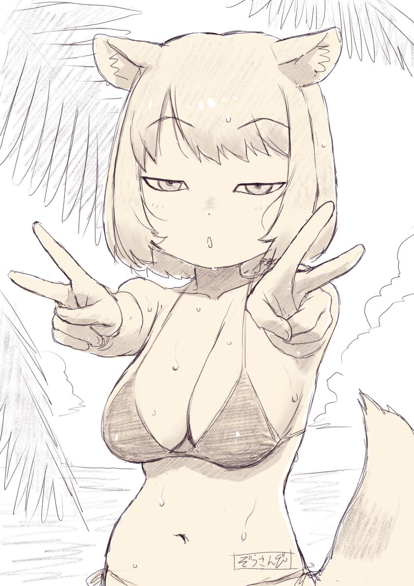 1girls animal_ears bangs bare_arms beach bikini blush breasts cleavage clothing double_v dutch_angle female fox_ears fox_girl fox_tail half-closed_eyes halterneck hands_up kemono_friends large_breasts looking_at_viewer masuyama_ryou medium_hair monochrome navel open_mouth outdoors outstretched_arms palm_tree parted_lips short_hair side-tie_bikini_bottom sketch solo stomach string_bikini swimsuit tail tibetan_sand_fox_(kemono_friends) tree tsurime v wet wings