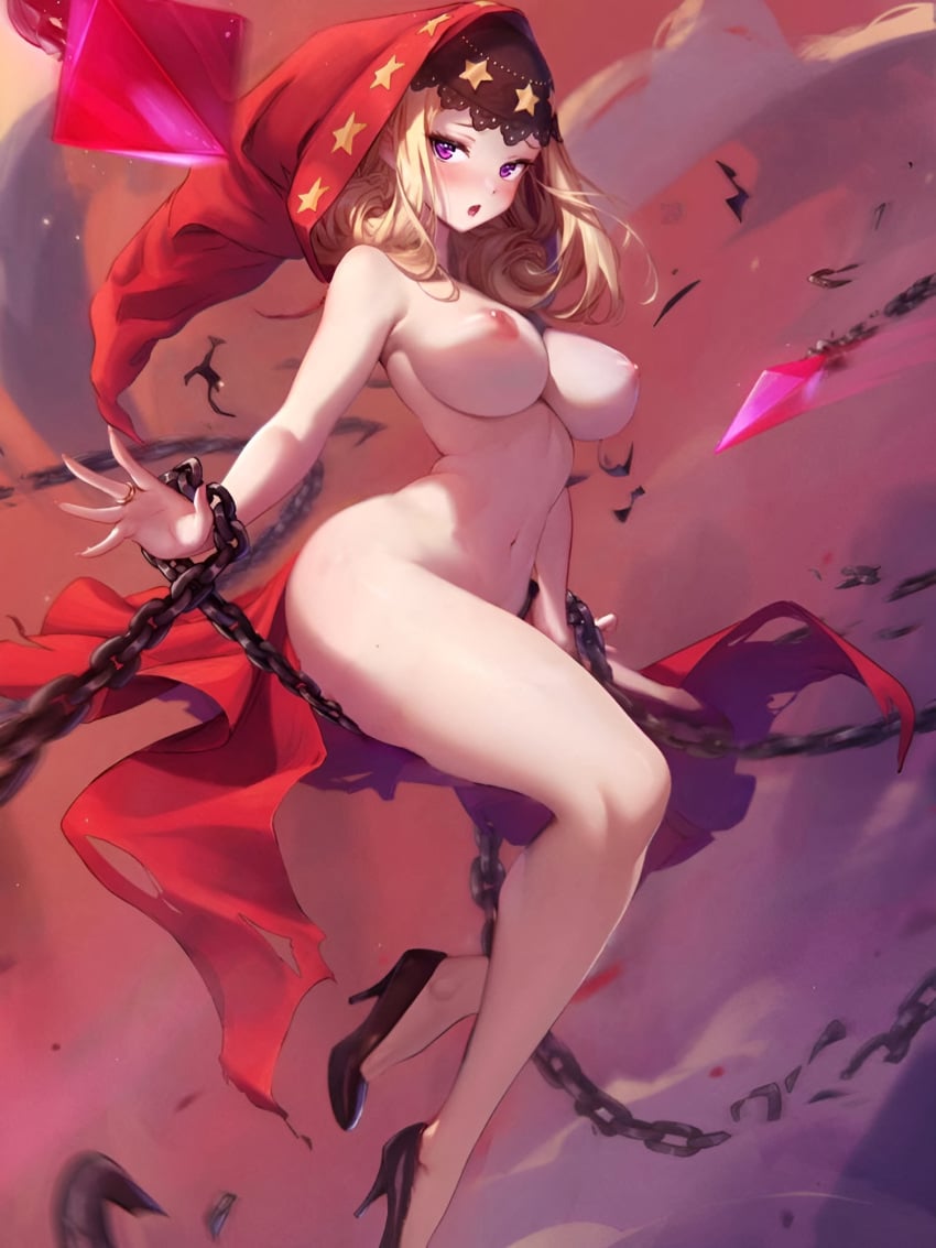 blonde_hair blush breasts broken_chain chains chains cloak female female_focus gypsy high_heels highres hood jewelry large_breasts looking_at_viewer mitsu_(mitsu_art) nipples nude odin_sphere open_mouth purple_eyes red_hood ring sitting solo star_(symbol) velvet_(odin_sphere) wide_hips